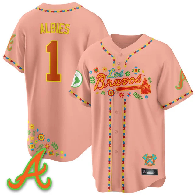 Men's Atlanta Braves 2025 Los Bravos Jersey peaches #1 ozzie albies.webp
