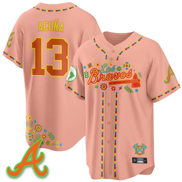 Men's Atlanta Braves 2025 Los Bravos Jersey peaches #13 ronald acuna jr..webp