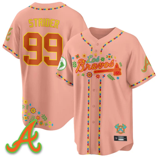 Men's Atlanta Braves 2025 Los Bravos Jersey peaches #99 spencer strider.webp