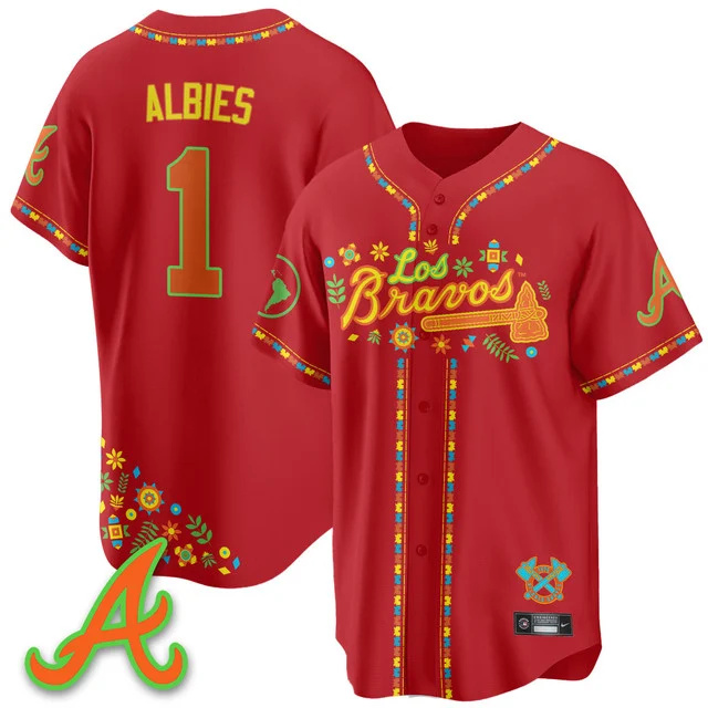 Men's Atlanta Braves 2025 Los Bravos Jersey red #1 ozzie albies.webp