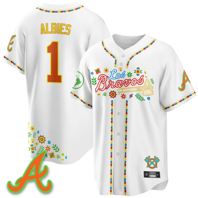 Men's Atlanta Braves 2025 Los Bravos Jersey white #1 ozzie albies.webp