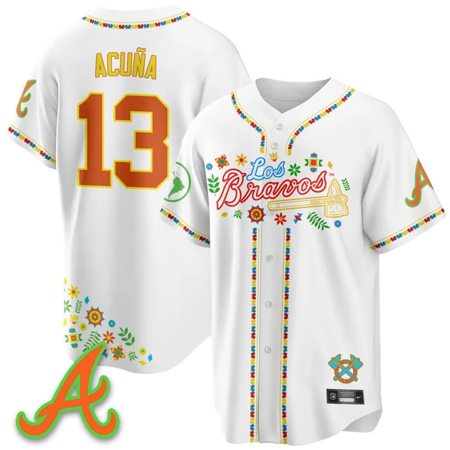 Men's Atlanta Braves 2025 Los Bravos Jersey white #13 ronald acuna jr..webp