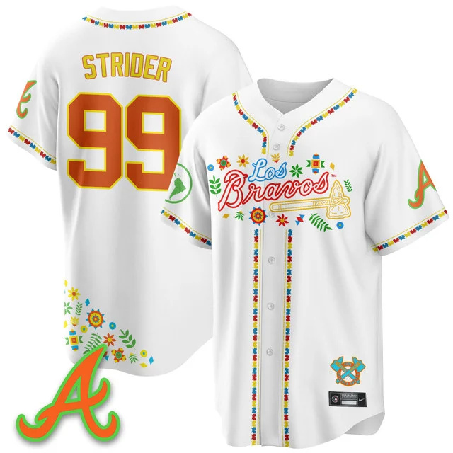 Men's Atlanta Braves 2025 Los Bravos Jersey white #99 spencer strider.webp