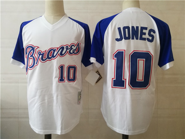 Men's Atlanta Braves Retired Player #10 Chipper Jones 1974 White Pullover Throwback Jerseys