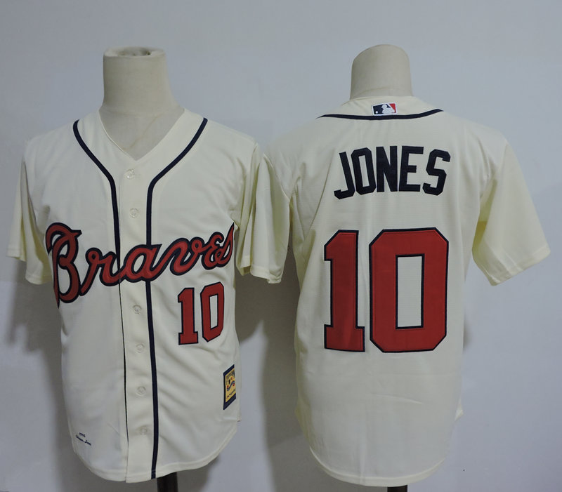 Men's Atlanta Braves Retired Player #10 Chipper Jones Cream Throwback Jerseys