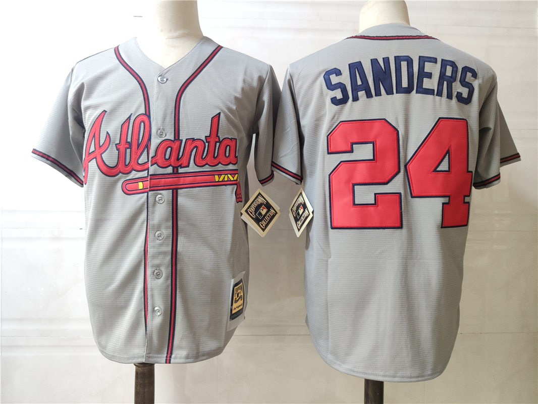 Men's Atlanta Braves Retired Player #24 Deion Sanders Grey Away Cooperstown Throwback Jersey