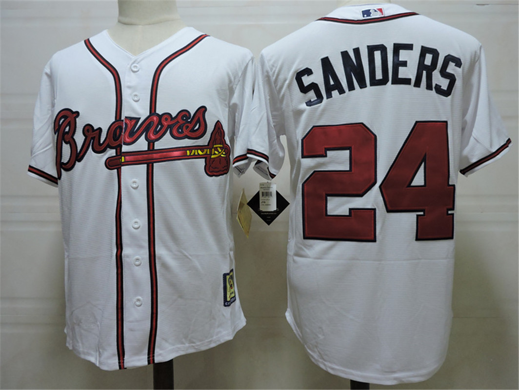 Men's Atlanta Braves Retired Player #24 Deion Sanders Home white Cooperstown Throwback Jersey