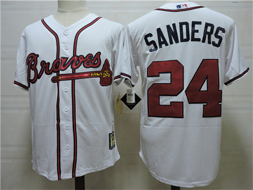 Men's Atlanta Braves Retired Player #24 Deion Sanders Home white Cooperstown Throwback Jerseys