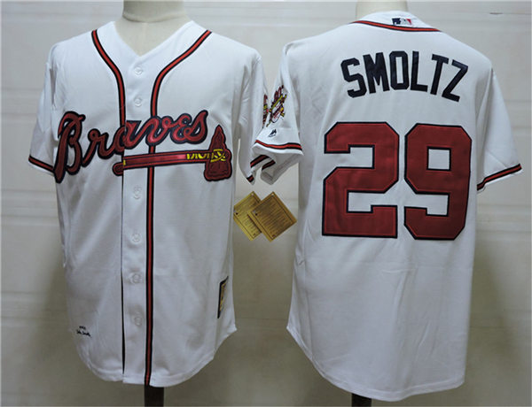 Men's Atlanta Braves Retired Player #29 John Smoltz White Cooperstown Throwback Jerseys