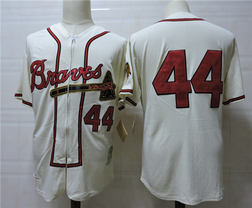 Men's Atlanta Braves Retired Player #44 Hank Aaron 1957 Throwback Vintage Cream Zipper Jerseys