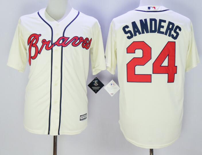Men's Atlanta Braves Throwback Player #24 Deion Sanders Cream Cool Base Baseball Jerseys