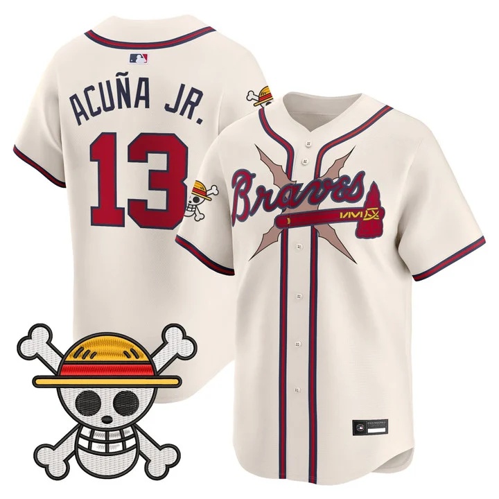 Men's Atlanta Braves x One Piece Vapor Premier Limited Jersey cream #13 Ronald Acuna Jr.