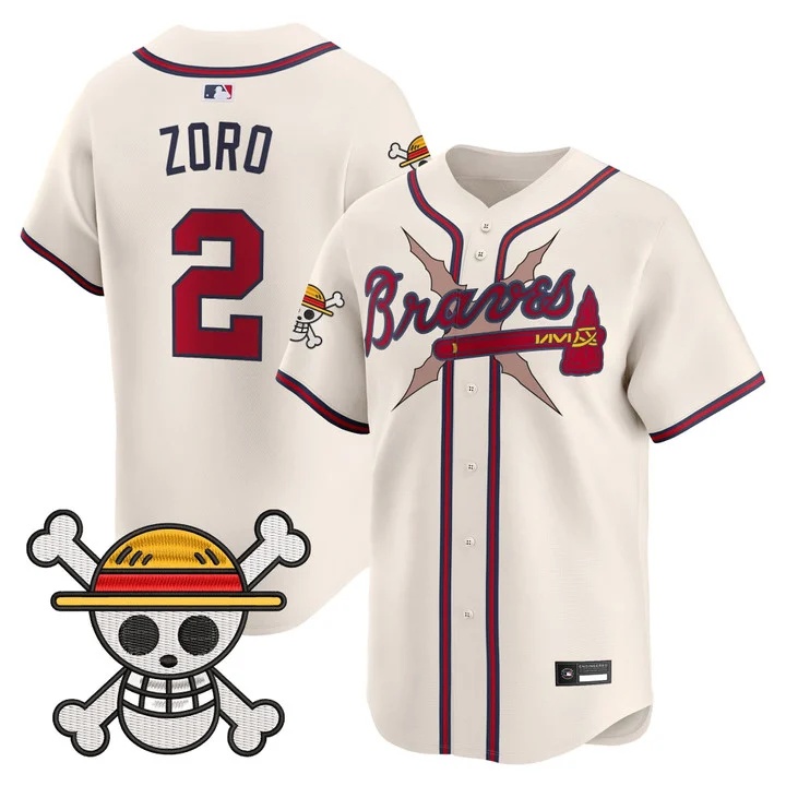 Men's Atlanta Braves x One Piece Vapor Premier Limited Jersey cream #2 Zoro