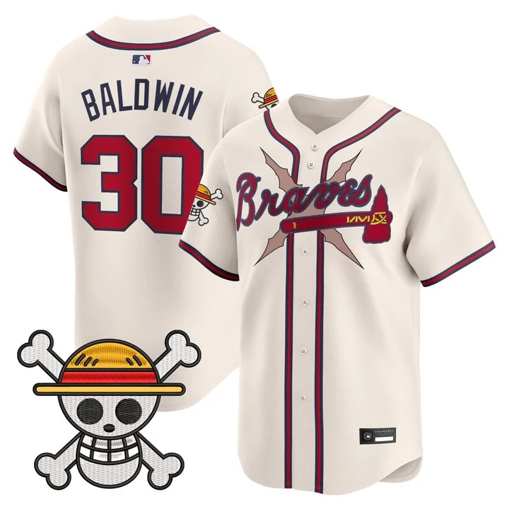 Men's Atlanta Braves x One Piece Vapor Premier Limited Jersey cream #30 Drake Baldwin