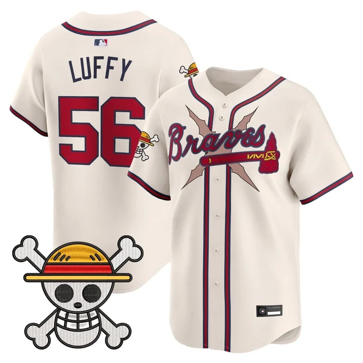 Men's Atlanta Braves x One Piece Vapor Premier Limited Jersey cream #56 Luffy