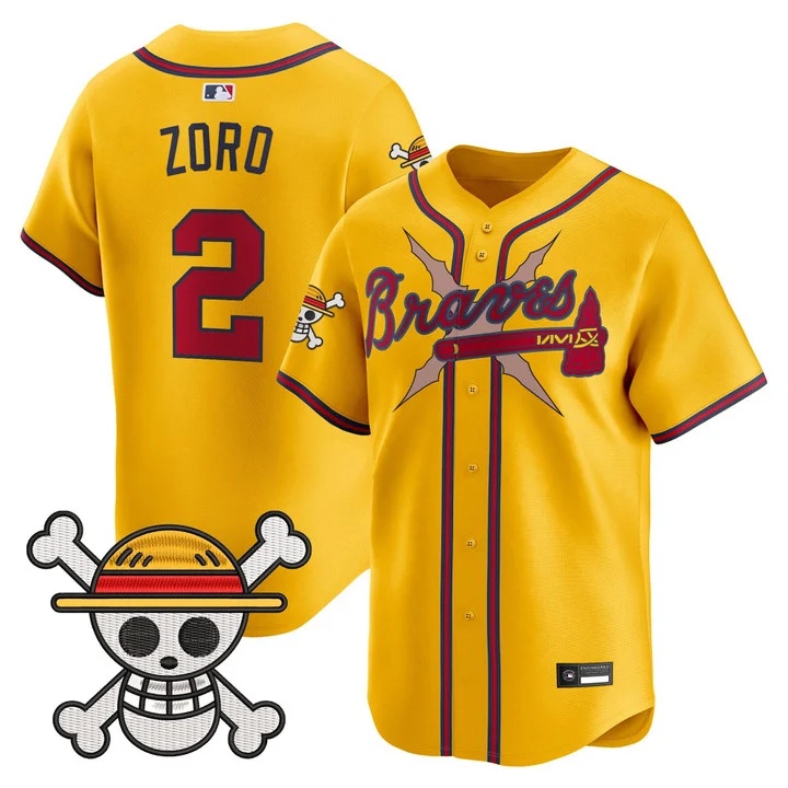 Men's Atlanta Braves x One Piece Vapor Premier Limited Jersey gold #2 Zoro