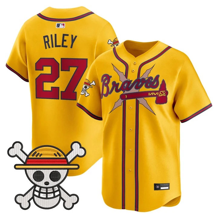 Men's Atlanta Braves x One Piece Vapor Premier Limited Jersey gold #27 Austin Riley