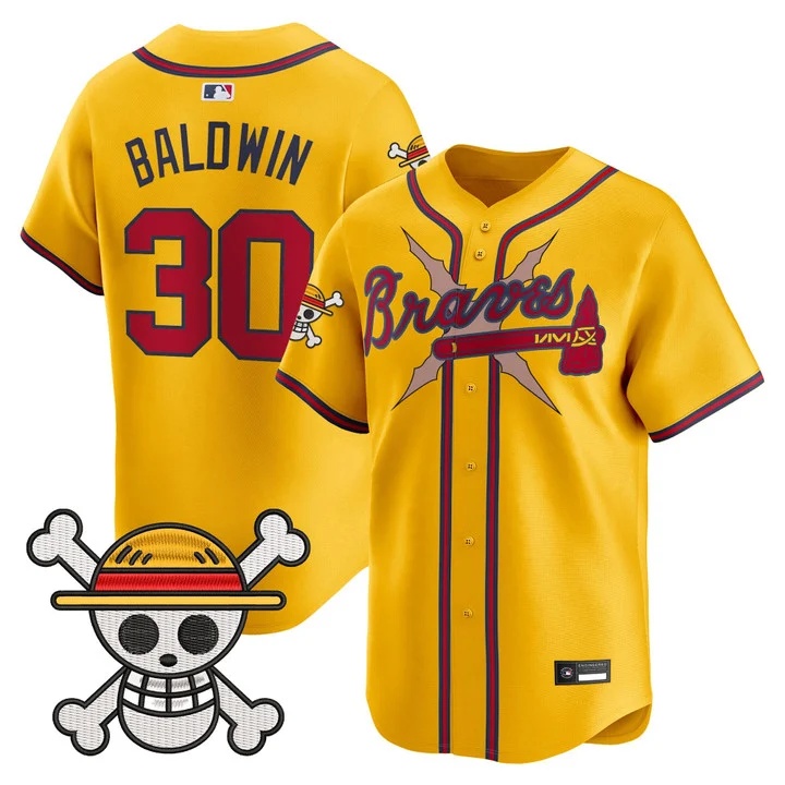 Men's Atlanta Braves x One Piece Vapor Premier Limited Jersey gold #30 Drake Baldwin