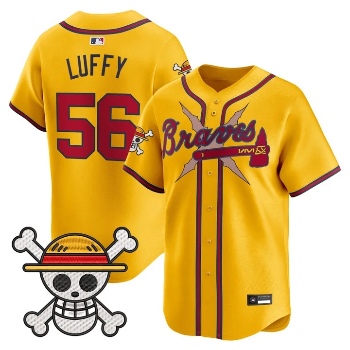 Men's Atlanta Braves x One Piece Vapor Premier Limited Jersey gold #56 Luffy