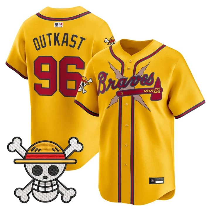 Men's Atlanta Braves x One Piece Vapor Premier Limited Jersey gold #96 Outkast