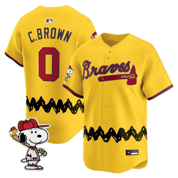 Men's Atlanta Braves x Peanuts Vapor Premier Limited Jersey GOLD#0 CHARLIE BROWN