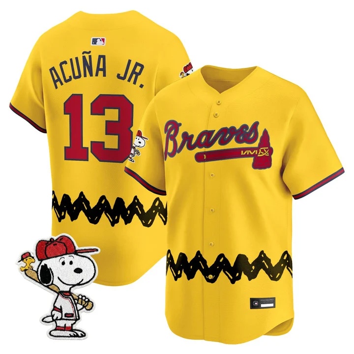 Men's Atlanta Braves x Peanuts Vapor Premier Limited Jersey GOLD#13 RONALD ACUNA JR.