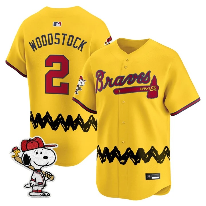 Men's Atlanta Braves x Peanuts Vapor Premier Limited Jersey GOLD#2 WOODSTOCK