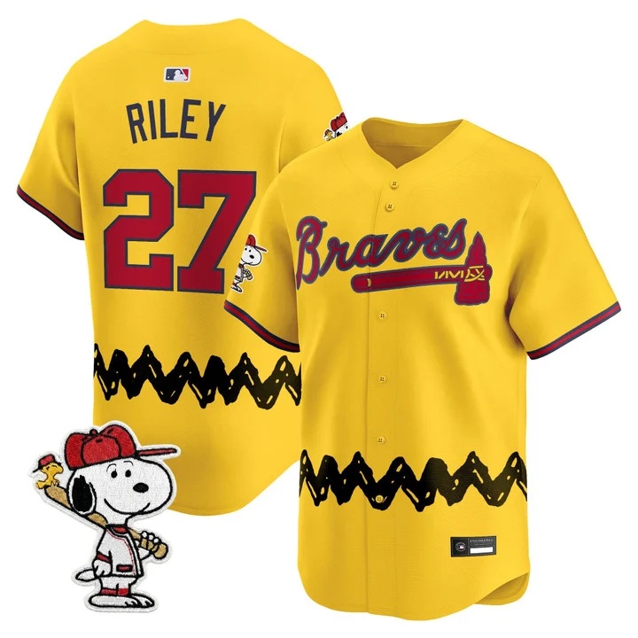 Men's Atlanta Braves x Peanuts Vapor Premier Limited Jersey GOLD#27 AUSTIN RILEY