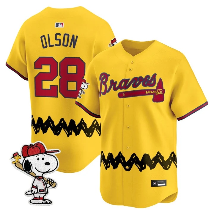 Men's Atlanta Braves x Peanuts Vapor Premier Limited Jersey GOLD#28 MATT OLSON