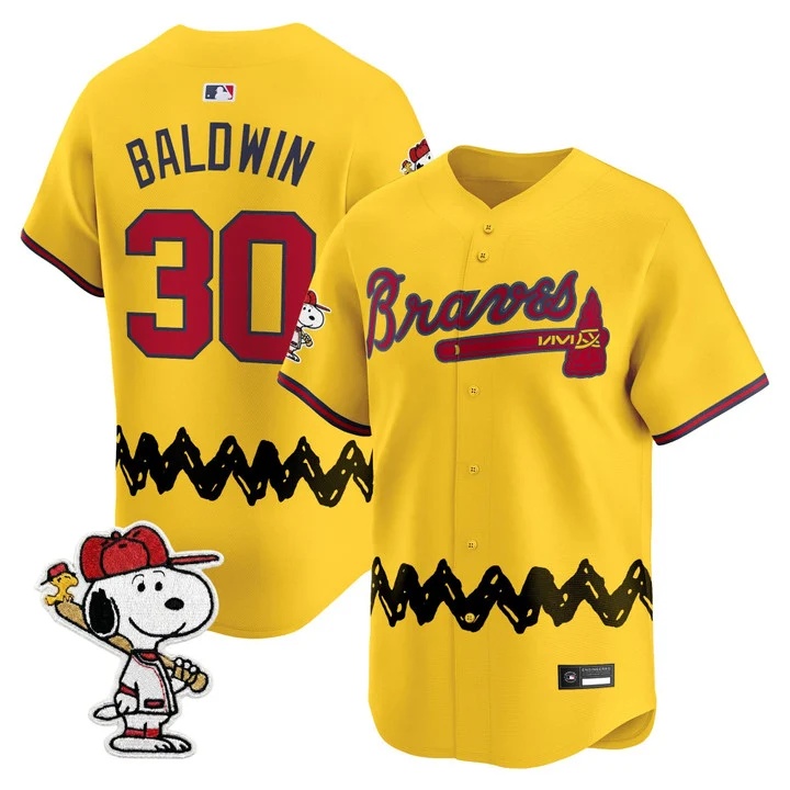 Men's Atlanta Braves x Peanuts Vapor Premier Limited Jersey GOLD#30 DRAKE BALDWIN