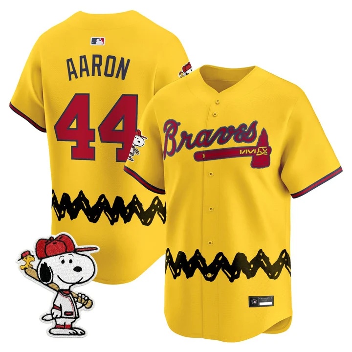 Men's Atlanta Braves x Peanuts Vapor Premier Limited Jersey GOLD#44 HANK AARON