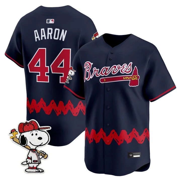 Men's Atlanta Braves x Peanuts Vapor Premier Limited Jersey NAVY#44 HANK AARON