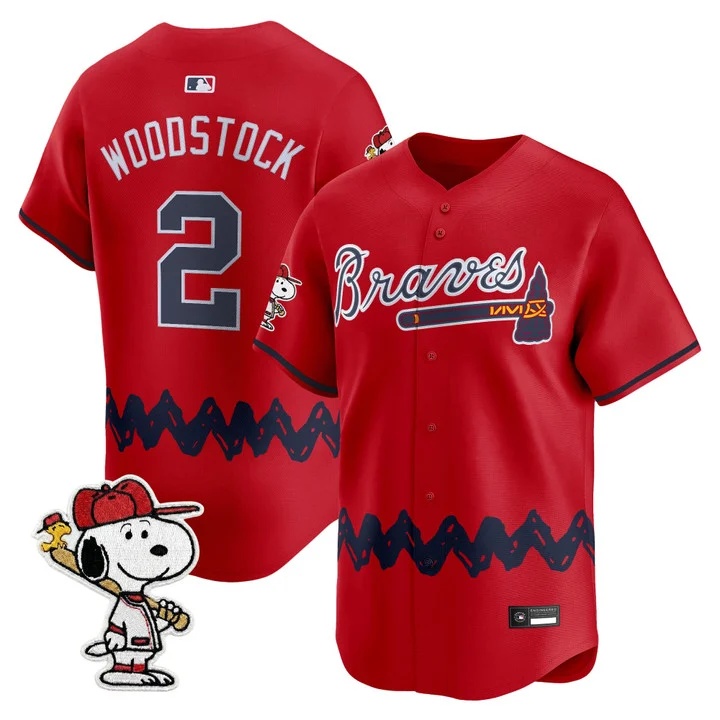 Men's Atlanta Braves x Peanuts Vapor Premier Limited Jersey RED#2 WOODSTOCK