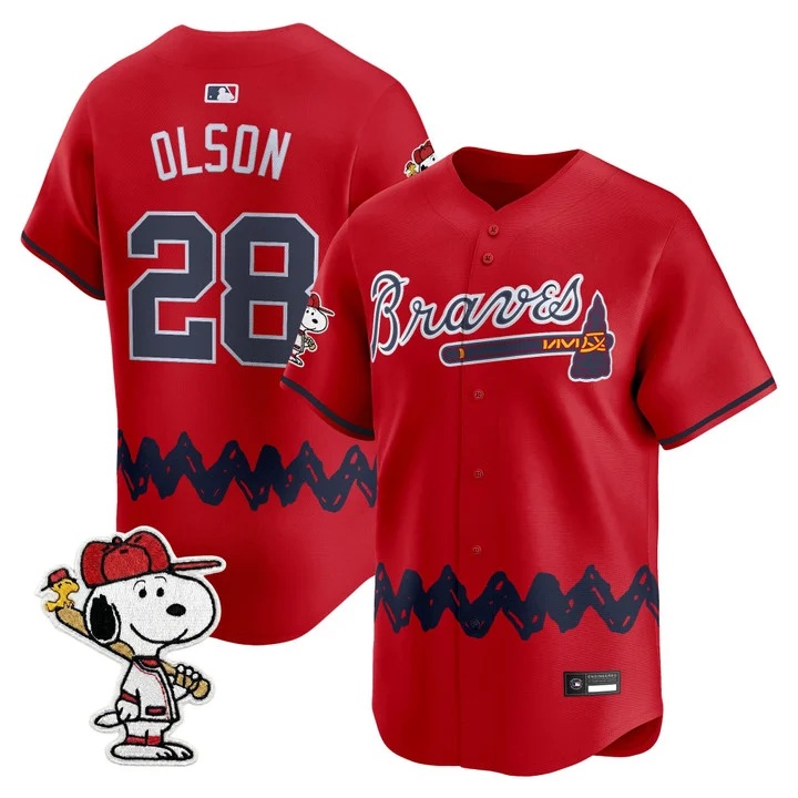 Men's Atlanta Braves x Peanuts Vapor Premier Limited Jersey RED#28 MATT OLSON