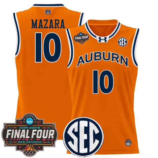 Men's Auburn Tigers 2025 Final Four Patch Lightweight Basketball Jersey ORANGE #10 BAKER-MAZARA.webp