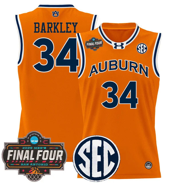 Men's Auburn Tigers 2025 Final Four Patch Lightweight Basketball Jersey ORANGE #34 CHARLES BARKLEY.webp