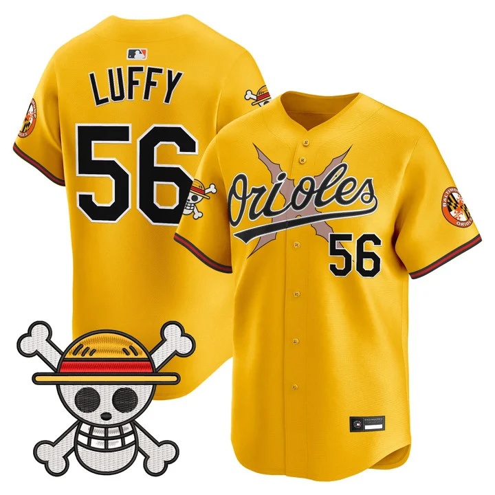 Men's Baltimore Orioles x One Piece Vapor Premier Limited Jersey GOLD#56 LUFFY