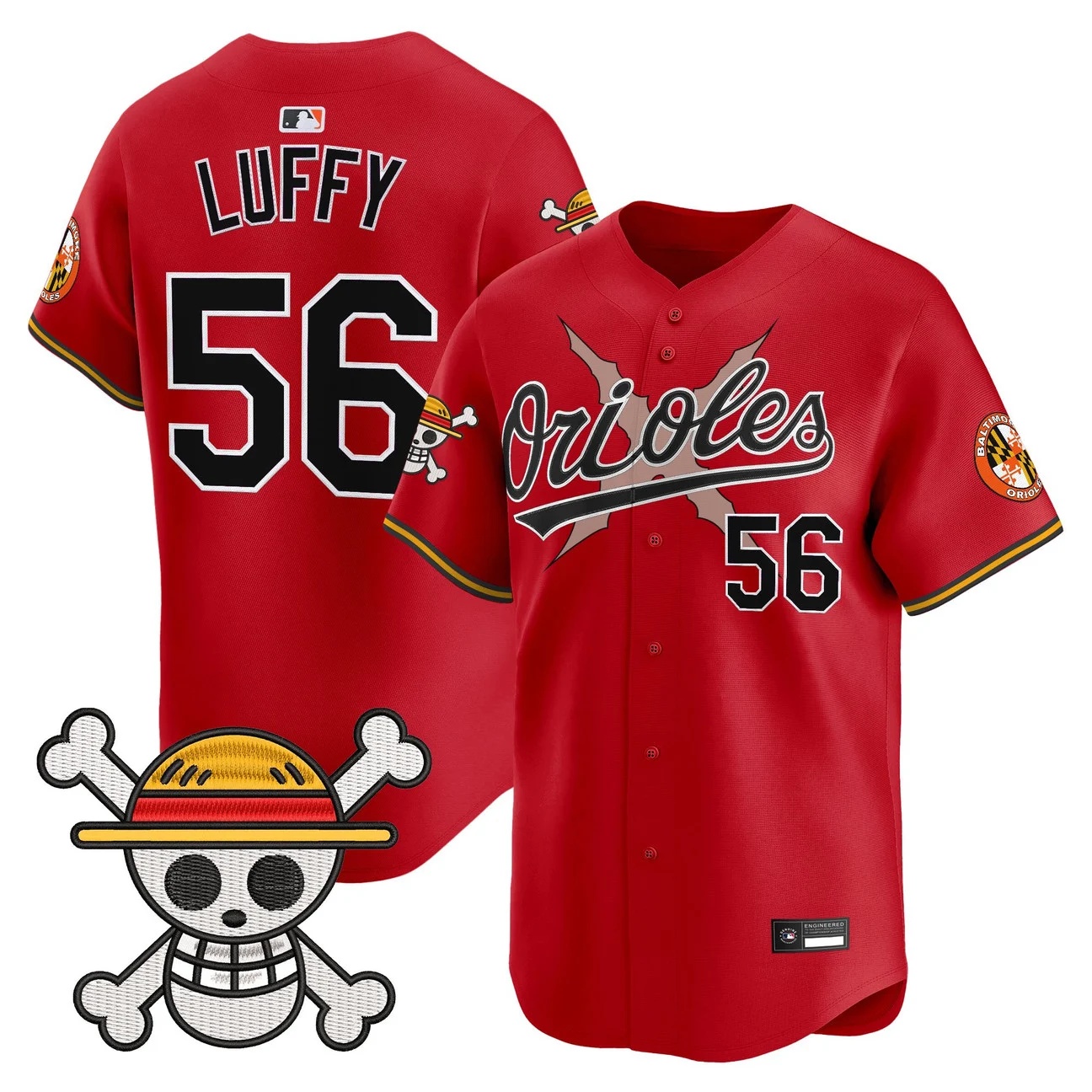 Men's Baltimore Orioles x One Piece Vapor Premier Limited Jersey RED#56 LUFFY