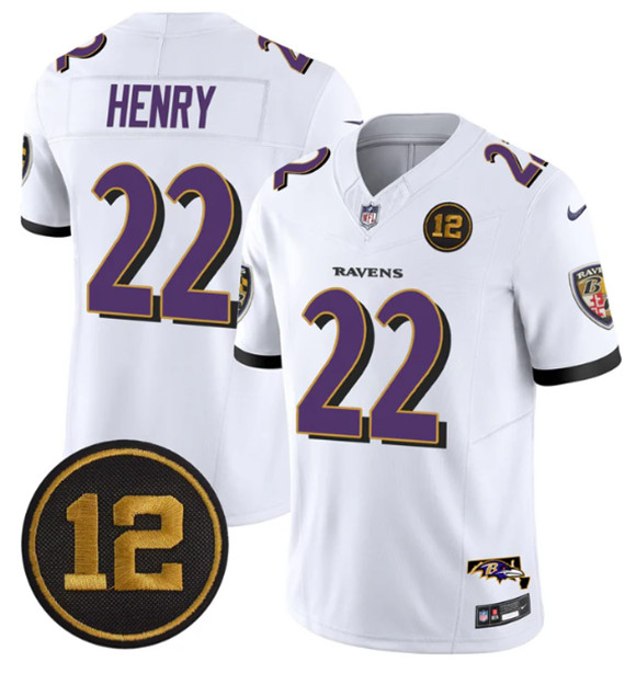 Men's Baltimore Ravens #22 Derrick Henry White 2025 F.U.S.E Jacoby Jones Patch Vapor Limited Football Jersey