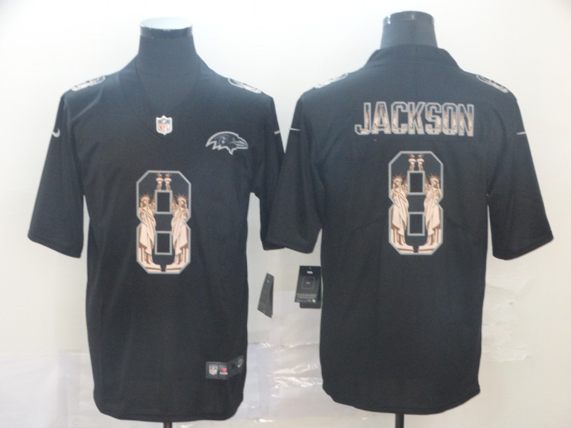 Men's Baltimore Ravens #8 Lamar Jackson Black Nike Statue Of Liberty Legend Stitched Jersey