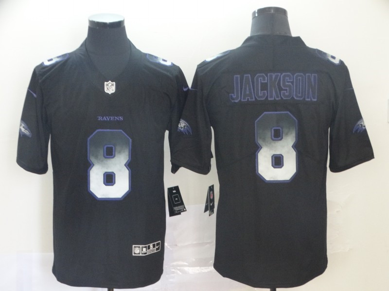 Men's Baltimore Ravens #8 Lamar Jackson NFL TEAMS Black Smoke Fashion Limited Jersey