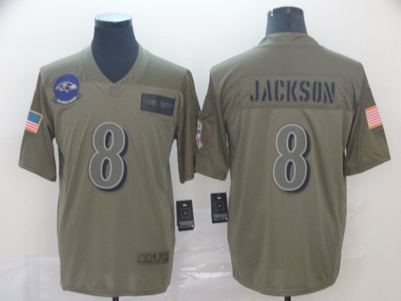 Men's Baltimore Ravens #8 Lamar Jackson Nike Olive 2019 Salute to Service Game Jersey