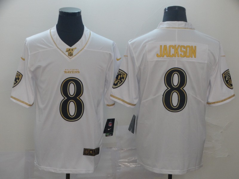 Men's Baltimore Ravens #8 Lamar Jackson White Gold Retro Football Jersey
