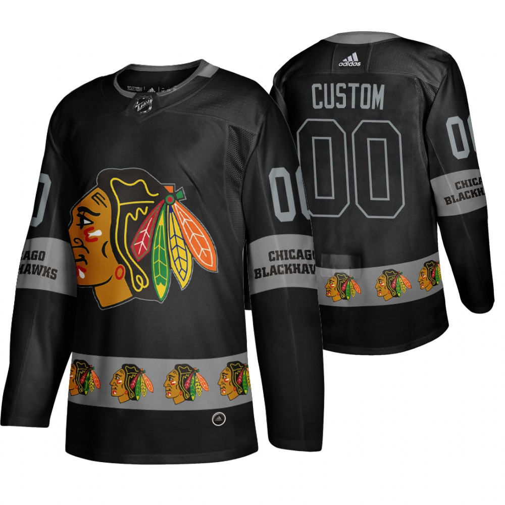 Men's Blackhawks #00 Custom Logo sleeve Breakaway Jersey Black