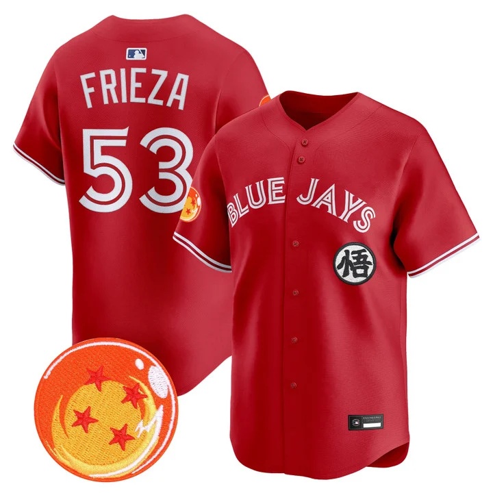 Men's Blue Jays x Dragon Ball Vapor Premier Limited Jersey RED #53 FRIEZA