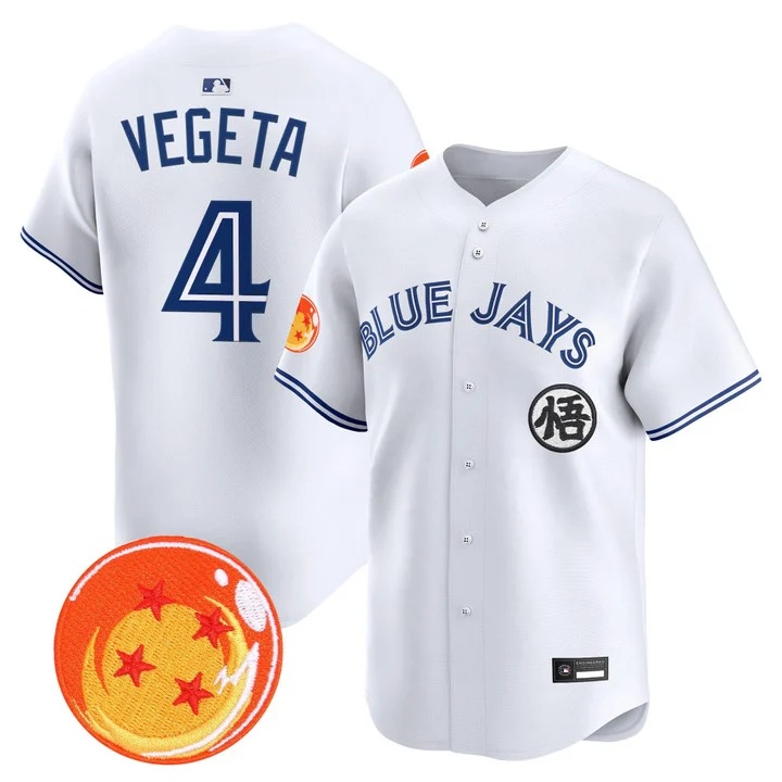 Men's Blue Jays x Dragon Ball Vapor Premier Limited Jersey WHITE #4 VEGETA