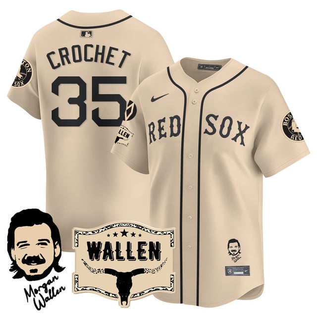 Men's Boston Red Sox Morgan Wallen 2025 Jersey - All Stitched Cream Limited Garrett Crochet - 35