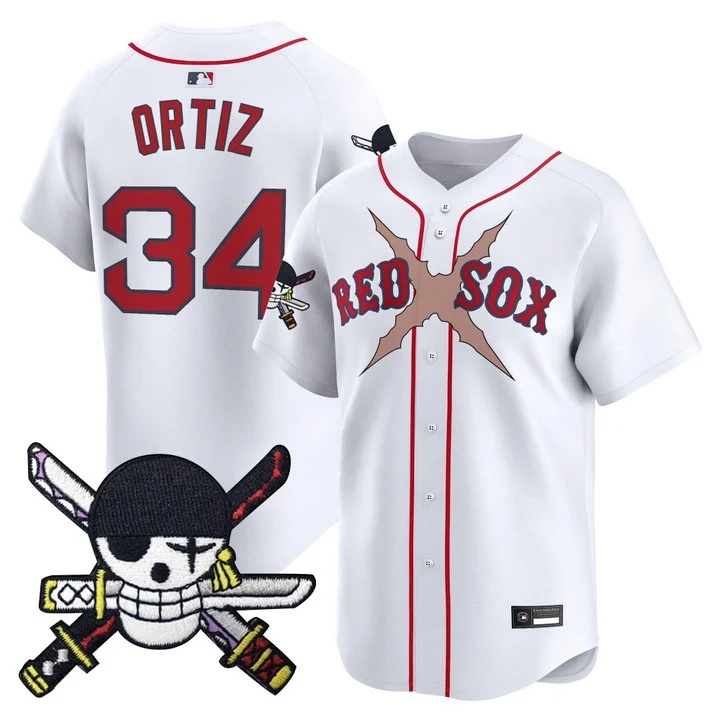 Men's Boston Red Sox x One Piece Zoro Patch Vapor Premier Limited Jersey WHITE#34 DAVID ORTIZ
