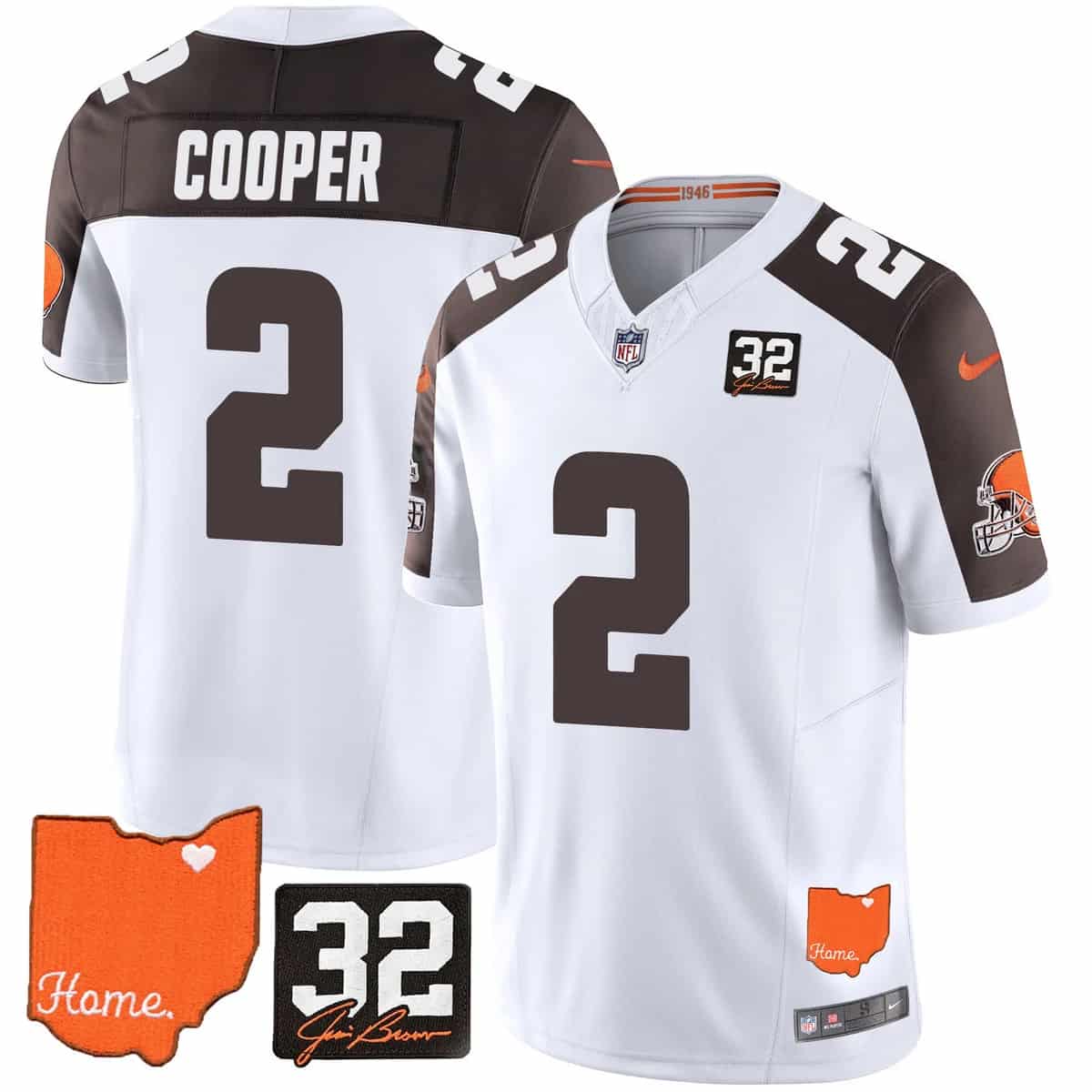 Men's Browns #32 Jim Brown Memorial & Home Patch Vapor Limited Jersey - All Stitched Amari Cooper #2