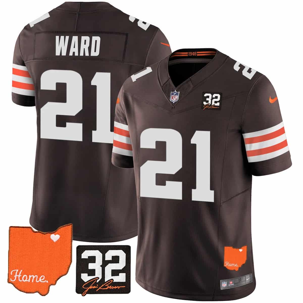 Men's Browns #32 Jim Brown Memorial & Home Patch Vapor Limited Jersey - All Stitched Denzel Ward 21